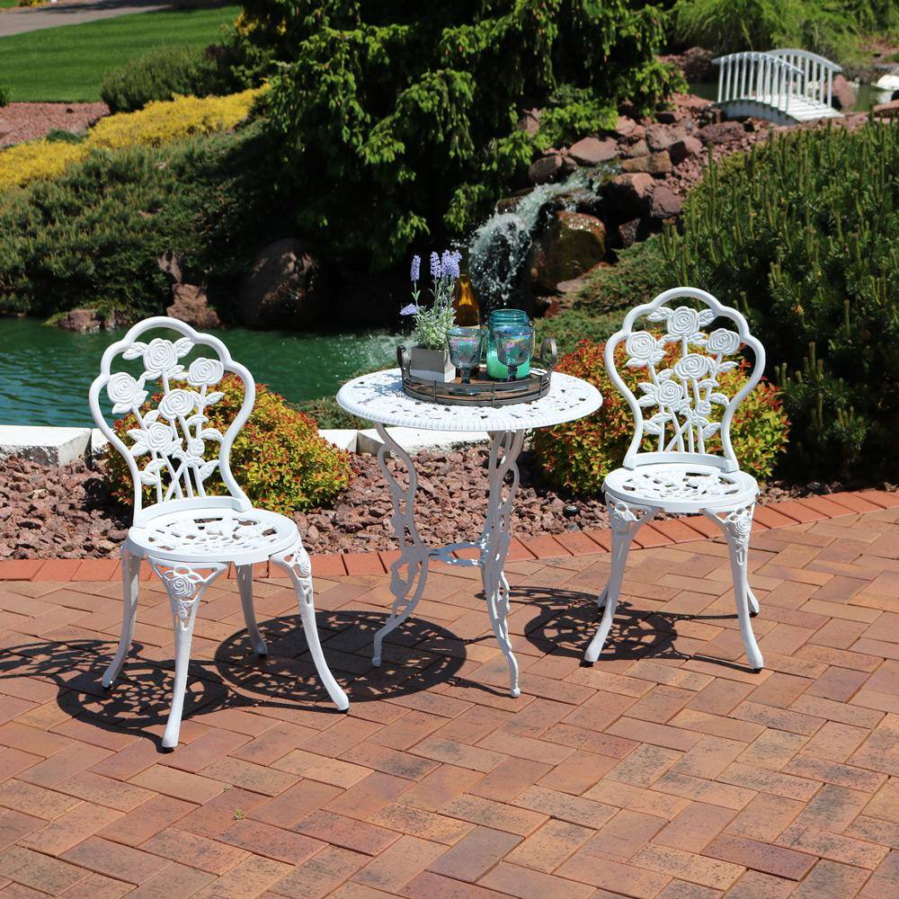 White Cast Aluminum Floral Bistro Set with Iron Legs