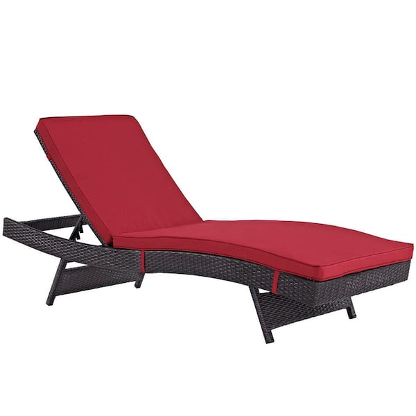 MODWAY Convene Wicker Outdoor Patio Chaise Lounge in Espresso with Red Cushions