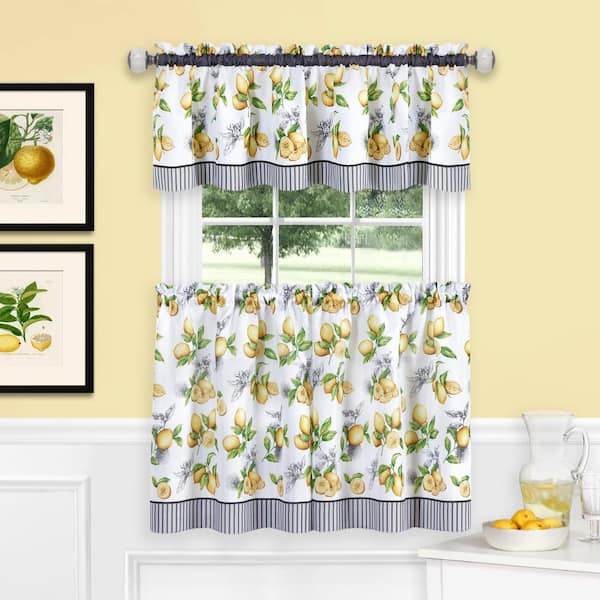 ACHIM Lemon Drop Yellow Polyester Light Filtering Rod Pocket Tier and Valance Curtain Set 58 in. W x 24 in. L