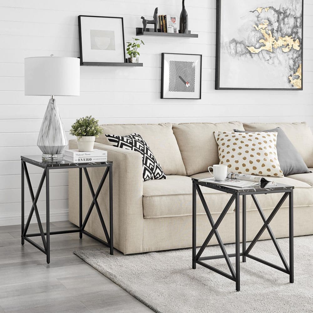 Modern Faux Marble and Black Metal Nesting End Table Set