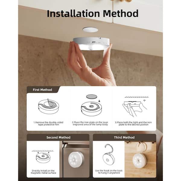 3.34 in. 3-Pack Battery Operated Wireless USB Charging White Integrated LED Linkable Under Cabinet Light, Closet Light