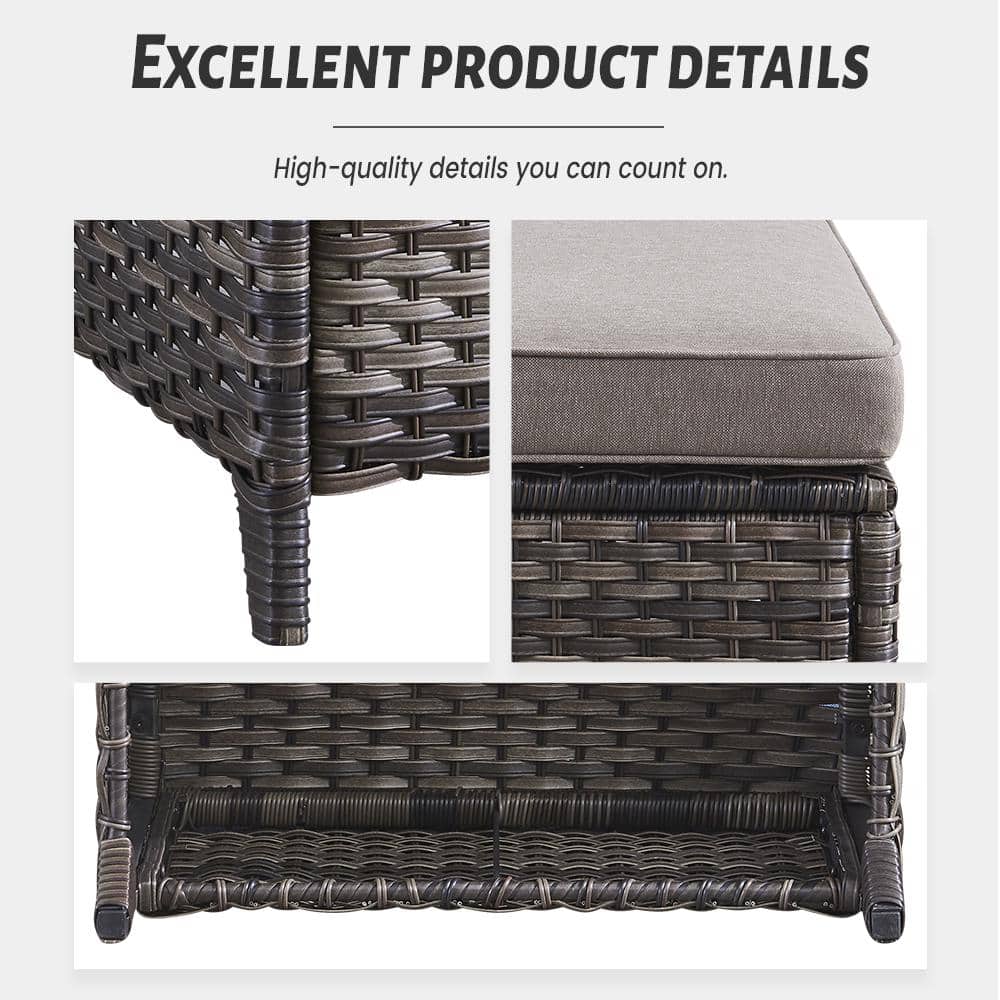 Gray Wicker and Steel Outdoor Ottoman Set with Cushions
