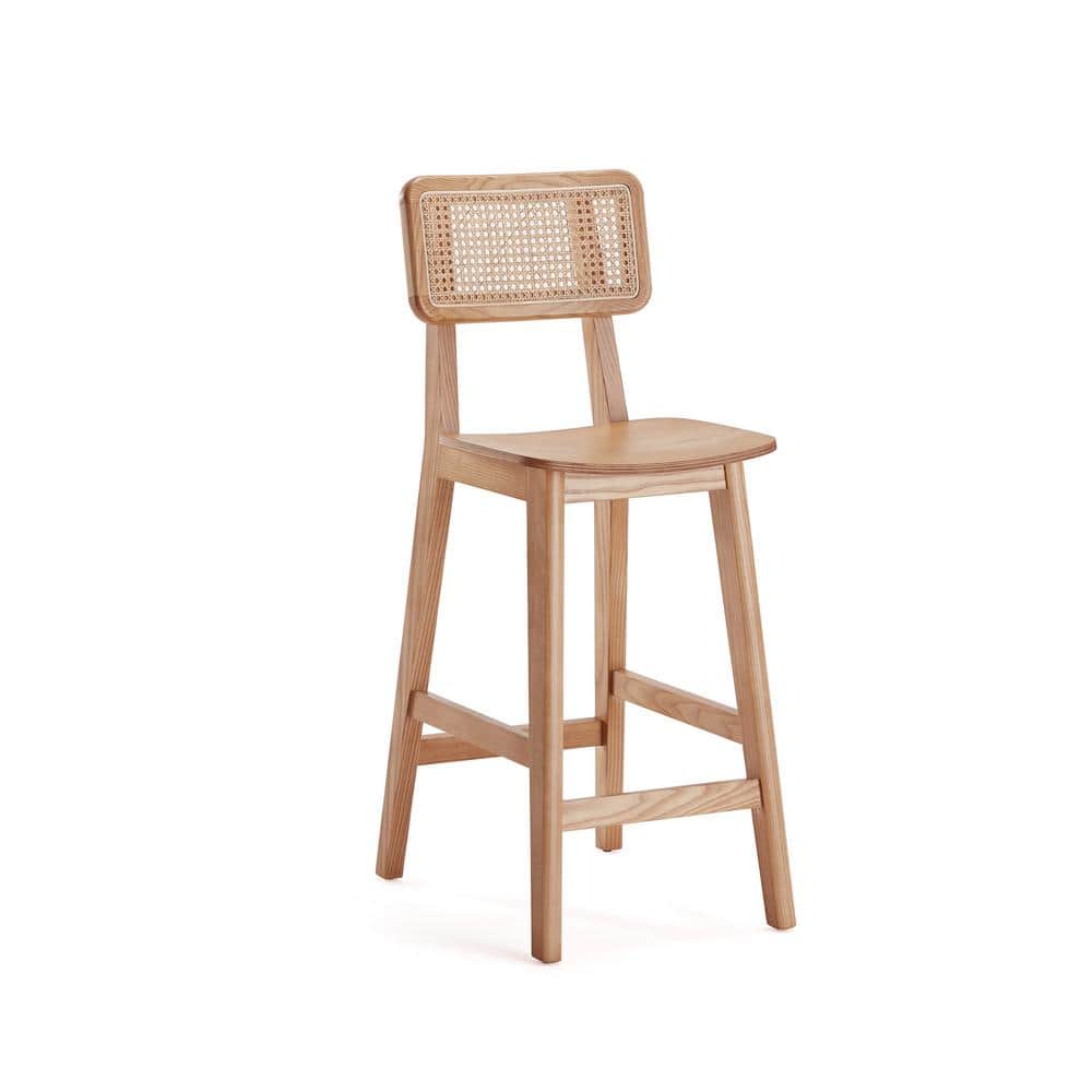 Set of 3 Natural Ash Wood and Cane Counter Stools