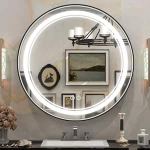 24 in. W x 24 in. H Round Framed 3 Colors Dimmable LED Wall Mount Bathroom Vanity Mirror Lights Anti-Fog in Black