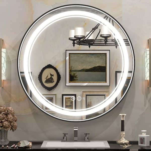 KeonJinn 24 in. W x 24 in. H Round Framed 3 Colors Dimmable LED Wall Mount Bathroom Vanity Mirror Lights Anti-Fog in Black
