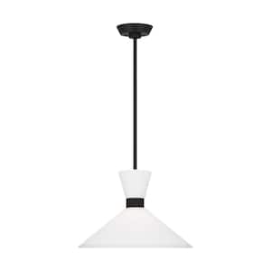 Belcarra Medium 15 in. W x 10.125 in. H 1-Light Midnight Black Statement Pendant Light with Etched White Glass Shade