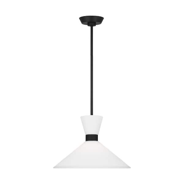 SCOTT LIVING Belcarra Medium 15 in. W x 10.125 in. H 1-Light Midnight Black Statement Pendant Light with Etched White Glass Shade