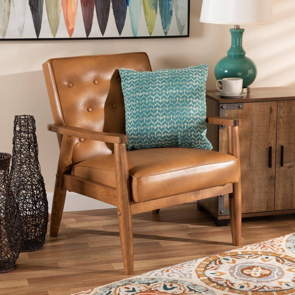 Walnut Brown Faux Leather Mid-Century Accent Chair