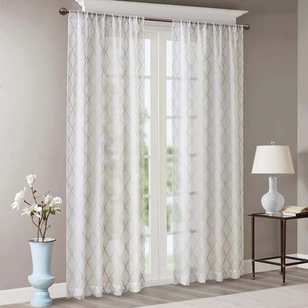 Iris White/Gray Abstract Embroidered 50 in. W x 84 in. L Rod Pocket Sheer Curtain