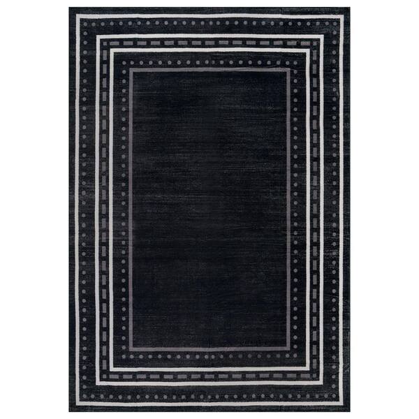 Dotted Border Black Machine Washable Non-Slip Backing Area Rug 6' x 9' Black