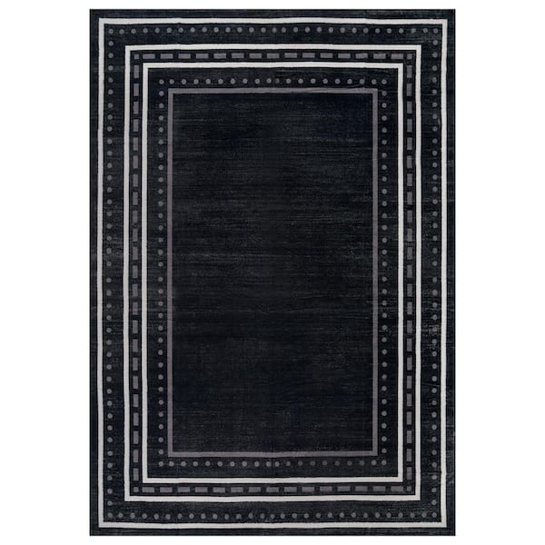 Dotted Border Black Machine Washable Non-Slip Backing Area Rug 8' x 10' Black