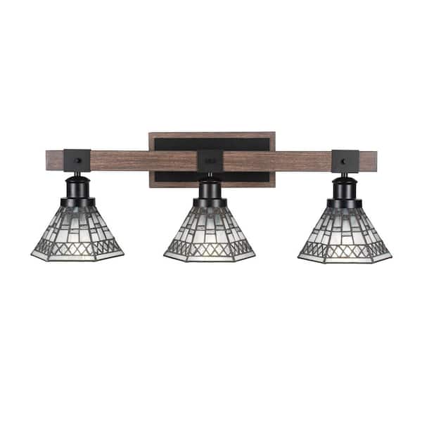 Unbranded Richmond 27.25 in. 3-Light Vanity Light Matte Black and Wood-look Metal with 7 in. Pewter Art Glass no bulbs included