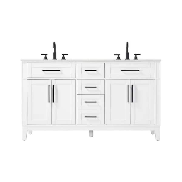 60 in. Double Sink Freestanding White Bath Vanity with Marble White Engineered Marble Top