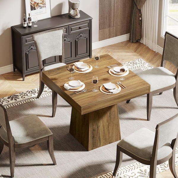 Halseey Brown Wood 31.5 in. Pedestal Square Dining Table Seats 4 for Home Dining Room, Living Room, Kitchen