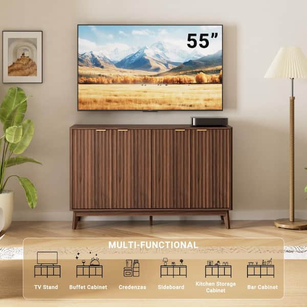 Cabinson Walnut 55 in. W x 15. 75 in. D x 34. 45 in. H Sideboard Buffet Cabinet and 4 Doors