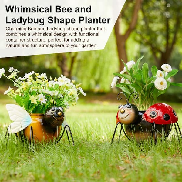 Glitzhome 7.25 in. H Metal Bee and Ladybug Metal Staute Planter with  Drainage Hole (Set of 2) 2024400004