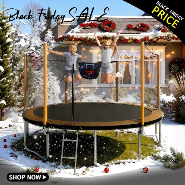 14FT Advanced Trampoline with Basketball Hoop Inflator and Ladder in Orange