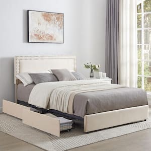 Platform Bed Frame Beige Metal Frame Full Size Platform Bed with 4-Storage Drawers, Upholstered Bed with Headboard
