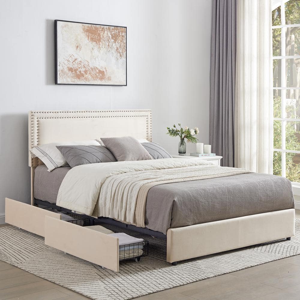 Platform Bed Frame Beige Metal Frame Full Size Platform Bed 4-Storage Drawers, Upholstered Bed Headboard price history on PriceWatchPro