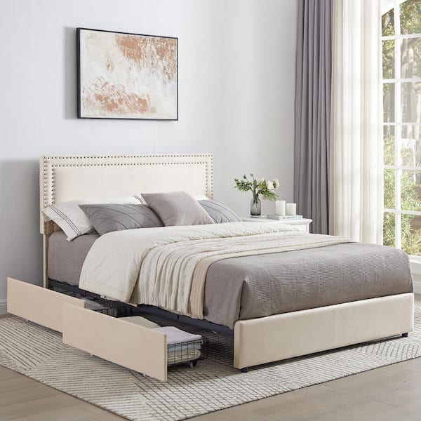 VECELO Platform Bed Frame Beige Metal Frame Full Size Platform Bed 4-Storage Drawers, Upholstered Bed Headboard