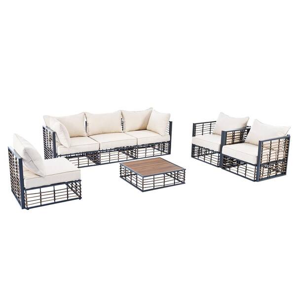 Tenleaf 7-Piece Gray Metal All-Weather Patio Conversation Set with Beige Cushions, Coffee Table