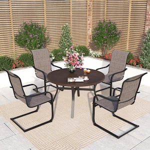 Black 5-Piece Metal Outdoor Patio Dining Set with Wood-Look Round Table and C-Spring Textilene Chairs