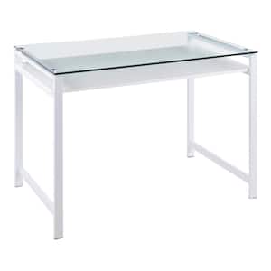 Hover 43.5 in. Rectangular White Metal and Clear Glass Writing Desk with White Wood Floating Shelf