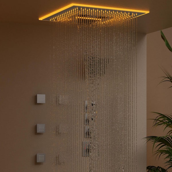 6-Spray 16 in. AuroraMist LED Shower Dual Ceiling Mount Fixed and Handheld Shower Head 2.5 GPM in Brushed Nickel