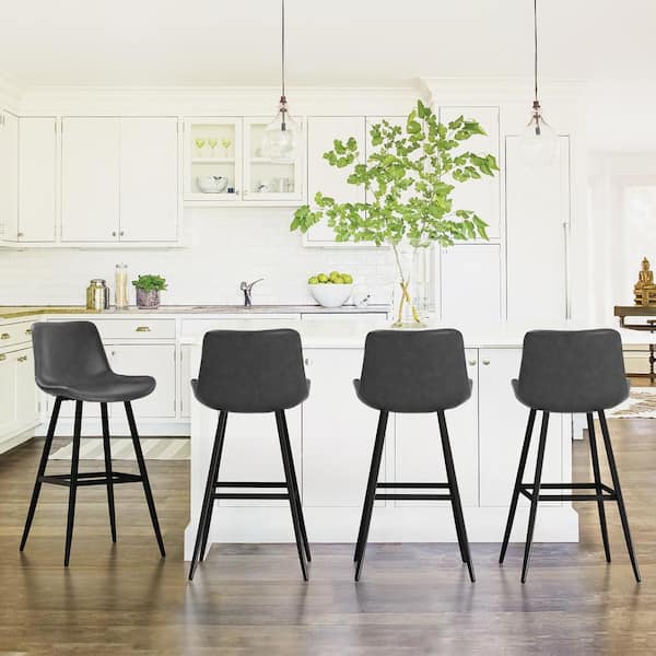 cozyman Abraham 30 in. Dark Gray Metal Counter Height Bar Stool Faux Leather Bucket Bar stool with Back Counter Stool (Set of 4)