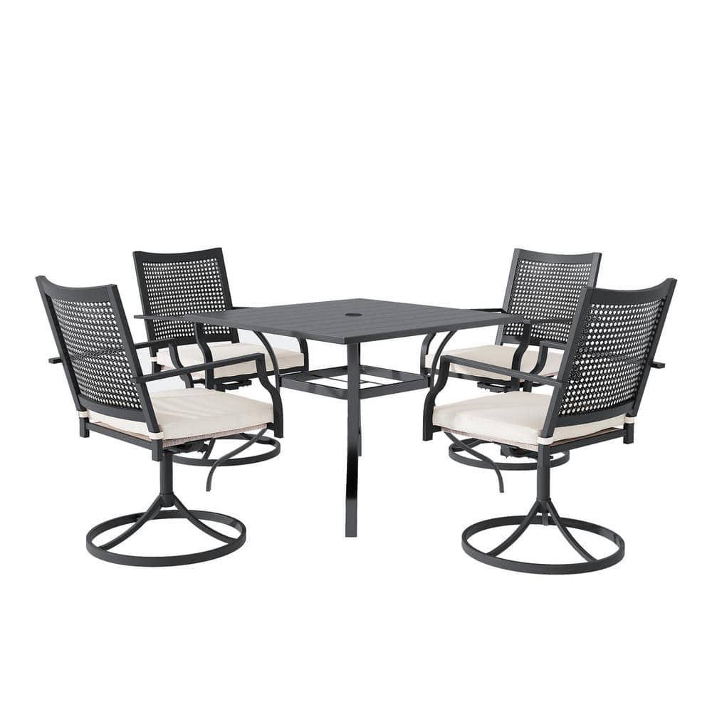 5-Piece Black Iron Outdoor Dining Set with Swivel Chairs and Umbrella Hole -  Clihome, C3312T962-CL