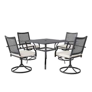 5-Piece Black Iron Outdoor Dining Set with Swivel Chairs and Umbrella Hole