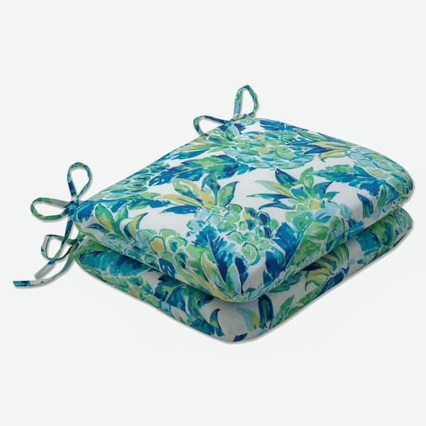 Pillow Perfect Floral 18.5 x 15.5 Outdoor Dining Chair Cushion in Blue/Green/White (Set of 2)