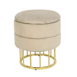 Button Tufted Round Storage Ottoman Stool with Gold Stainless Steel Base for Living Room, Bedroom