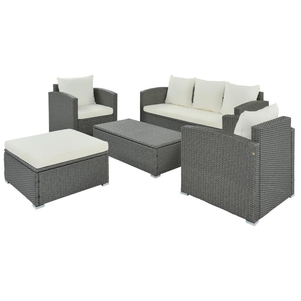 Gray 5-Piece Wicker Outdoor Sectional Set with Beige Cushions WBY ...