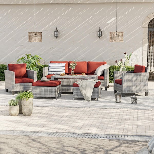 JOYESERY 6-Piece Gray Wicker Outdoor Conversation Seating Sofa Set with Coffee Table, Rust Red Cushions