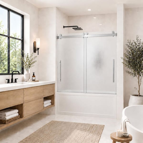 56-60 in. W x 58 in. H Double Sliding Frameless Tub Shower Door in Chrome with Nano-Coated Easy-Clean Frosted Glass