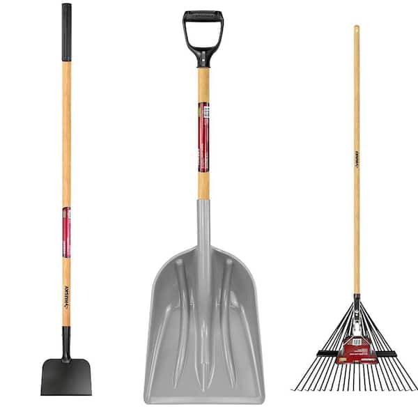 53 in. Wood Handle Steel Rake, 47 in. Carbon Steel Ice Scraper and 31 in. Wood Handle Plastic Scoop Shovel Combo