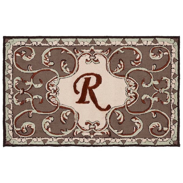 SAFAVIEH Monogram Mocha 3 ft. x 4 ft. "R" Ornate Floral Indoor/Outdoor Area Rug
