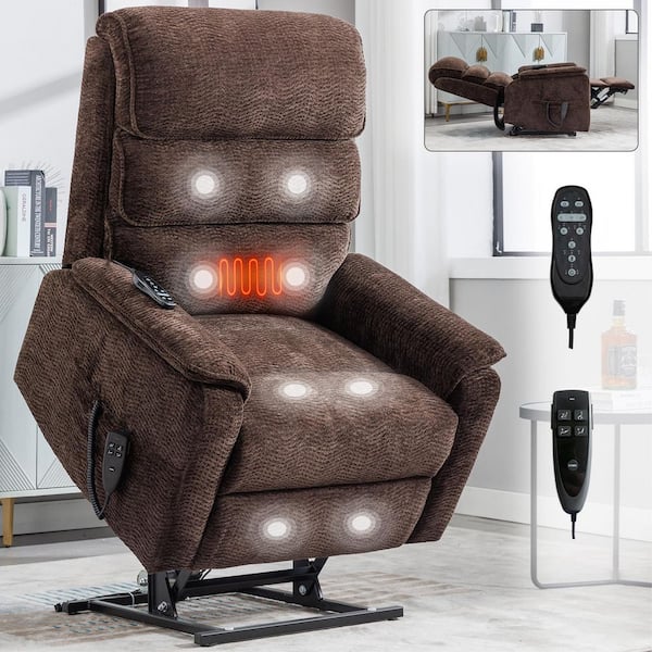 J&E Home Brown Chenille Polyester Massage Chair Recliner with Electric Power Lift, 8-Point Vibration Massage and Lumbar Heating