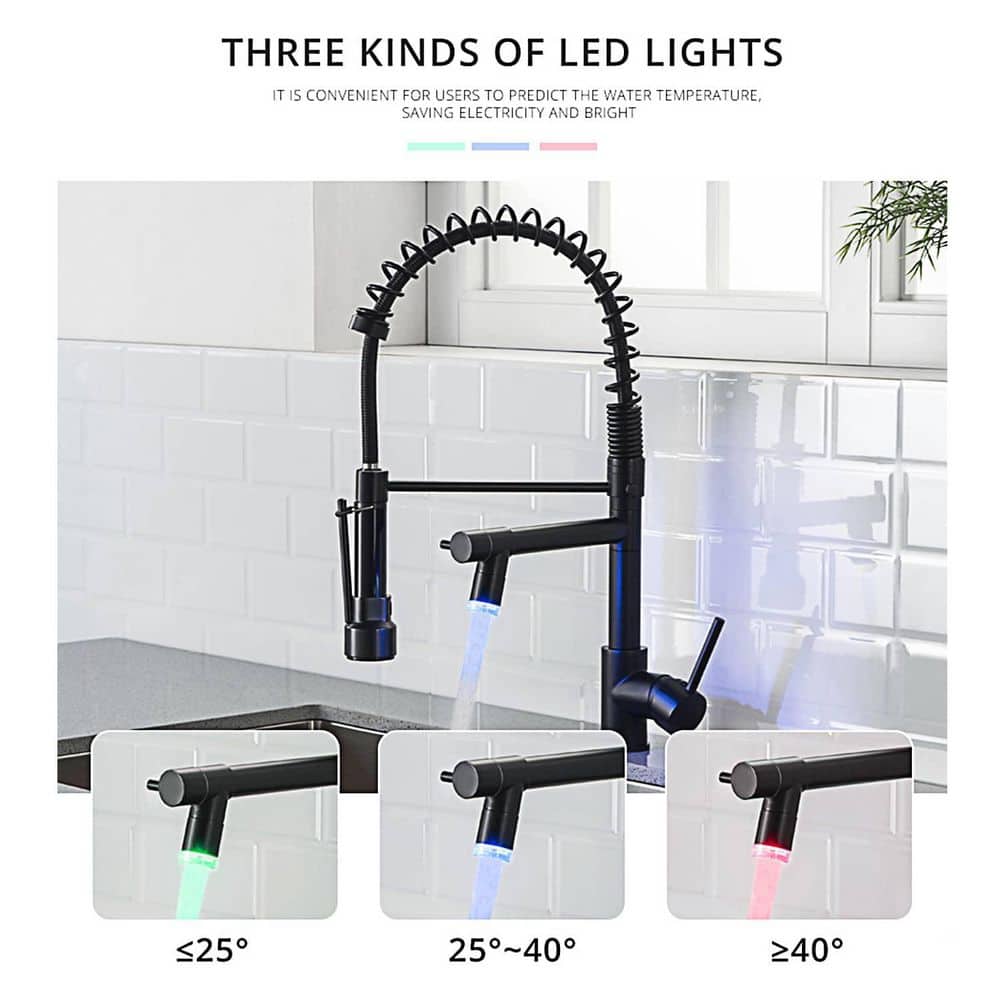 Matte Black Brass Pull Down Kitchen Faucet with LED Light