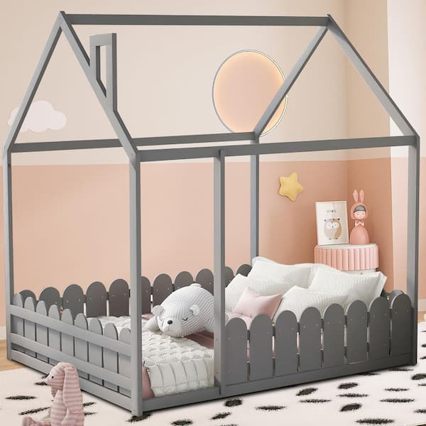 SUNRINX Gray Full Size Wood Bed House Bed Frame with Fence MG438WE