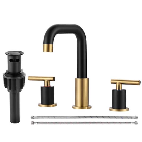 IVIGA 8 in. Widespread Double Handle Bathroom Faucet with Pop Up Drain and cUPC Certified Supply Lines in Black and Gold