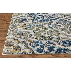 2 X 8 Ivory and Blue Floral Runner Rug