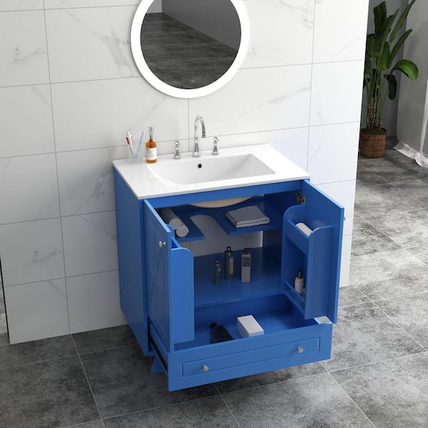 30 in. W x 18.3 in. D x 33 in. H Freestanding Bath Vanity in Blue with White Ceramic Top Single Basin Sink and Storage