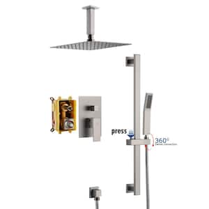 1-Spray Patterns with 10 in. Ceiling Mount Dual Shower Heads with Sliding Rod in Spot Resist Brushed Nickel