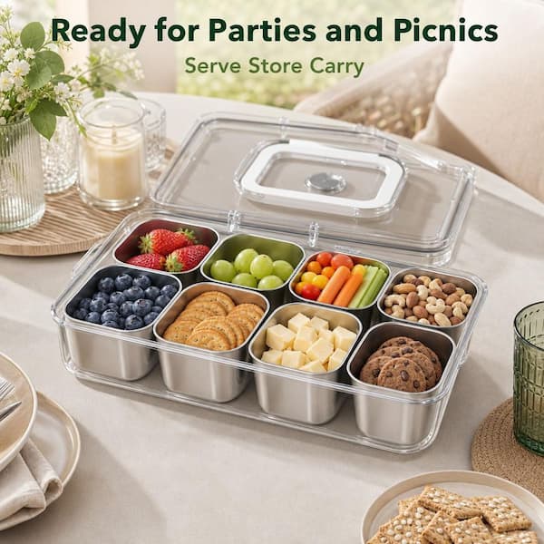 Numhew 1-Set 8-Compartment Stainless Steel Divided Food Storage