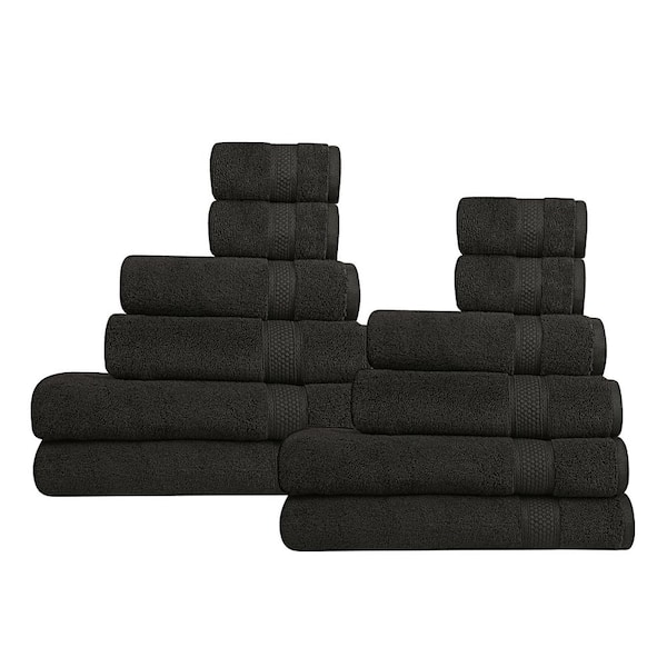 A1 Home Collections A1HC 500 GSM Duet Technology 100% Cotton Ring Spun Black Onyx Quick Dry Low Lint Highly Absorbent 12-Piece Towel Set