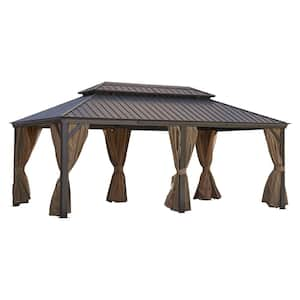 12 ft. x 20 ft. Bronze Aluminum Outdoor Hardtop Patio Gazebo with Steel Canopy, Netting and Curtains