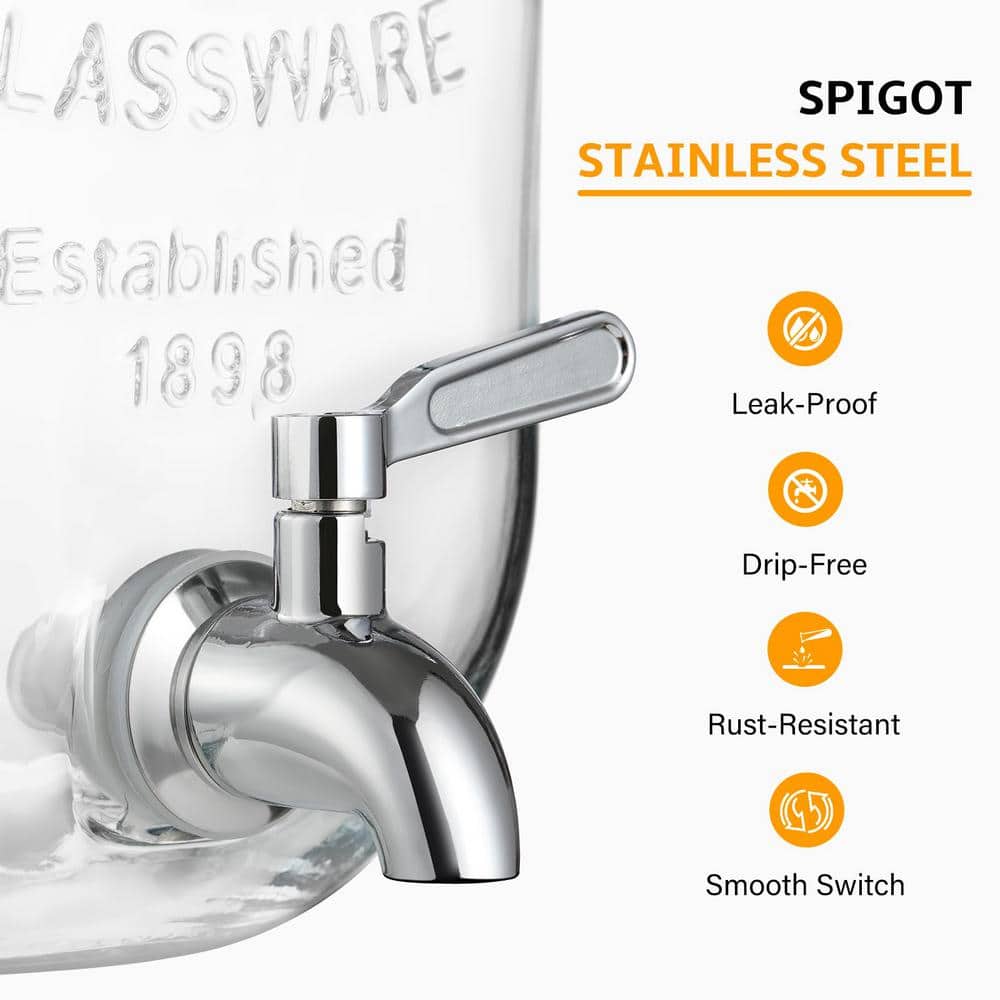 2 Gallon Clear Glass Beverage Dispenser with Stainless Steel Spigot and Stand