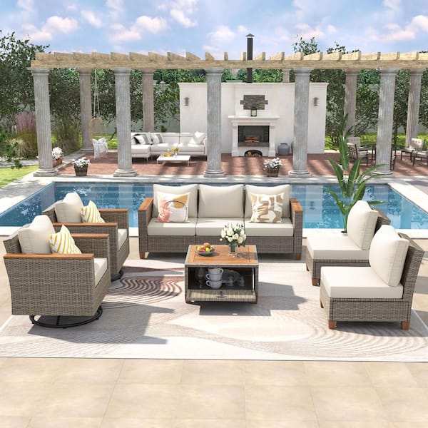 K&K 9-Piece Wicker Outdoor Couch with Thick Beige Cushion